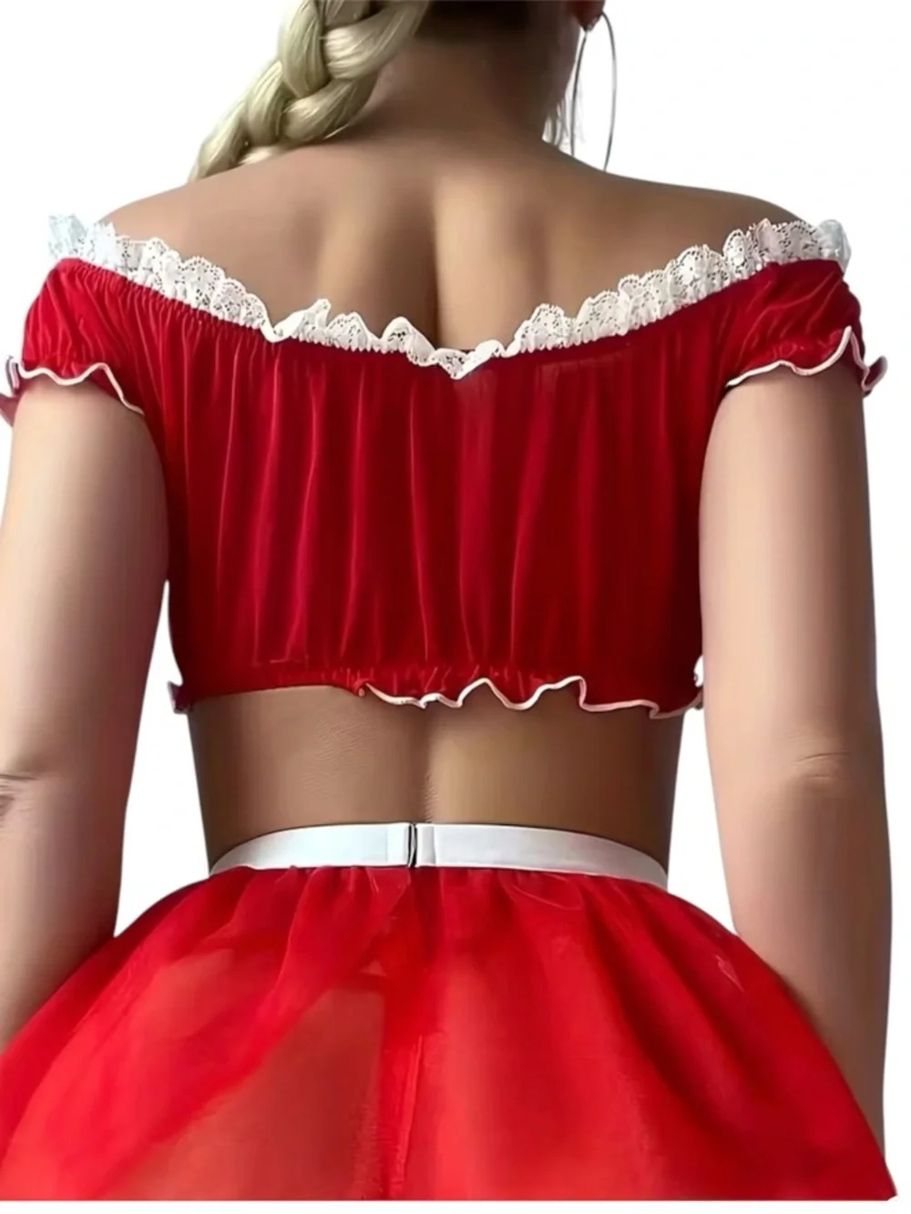 3pc Red Maid Lingerie Set - Sexy Cosplay Costume - Lace Trim Crop Top & Skirt L